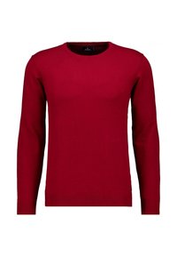 Red knit sweater with a crew neck, long sleeves, and ribbed cuffs. Made from a smooth texture, displaying a solid color without patterns.