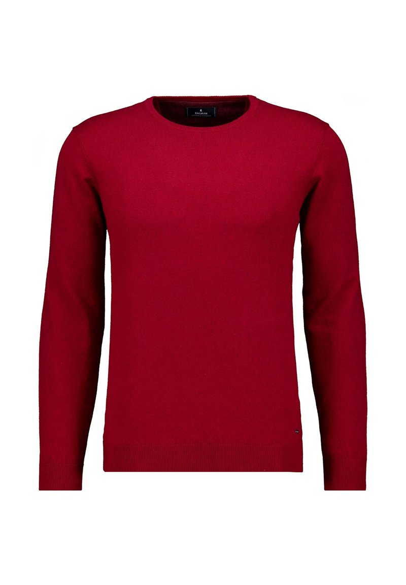 Red knit sweater with a crew neck, long sleeves, and ribbed cuffs. Made from a smooth texture, displaying a solid color without patterns.