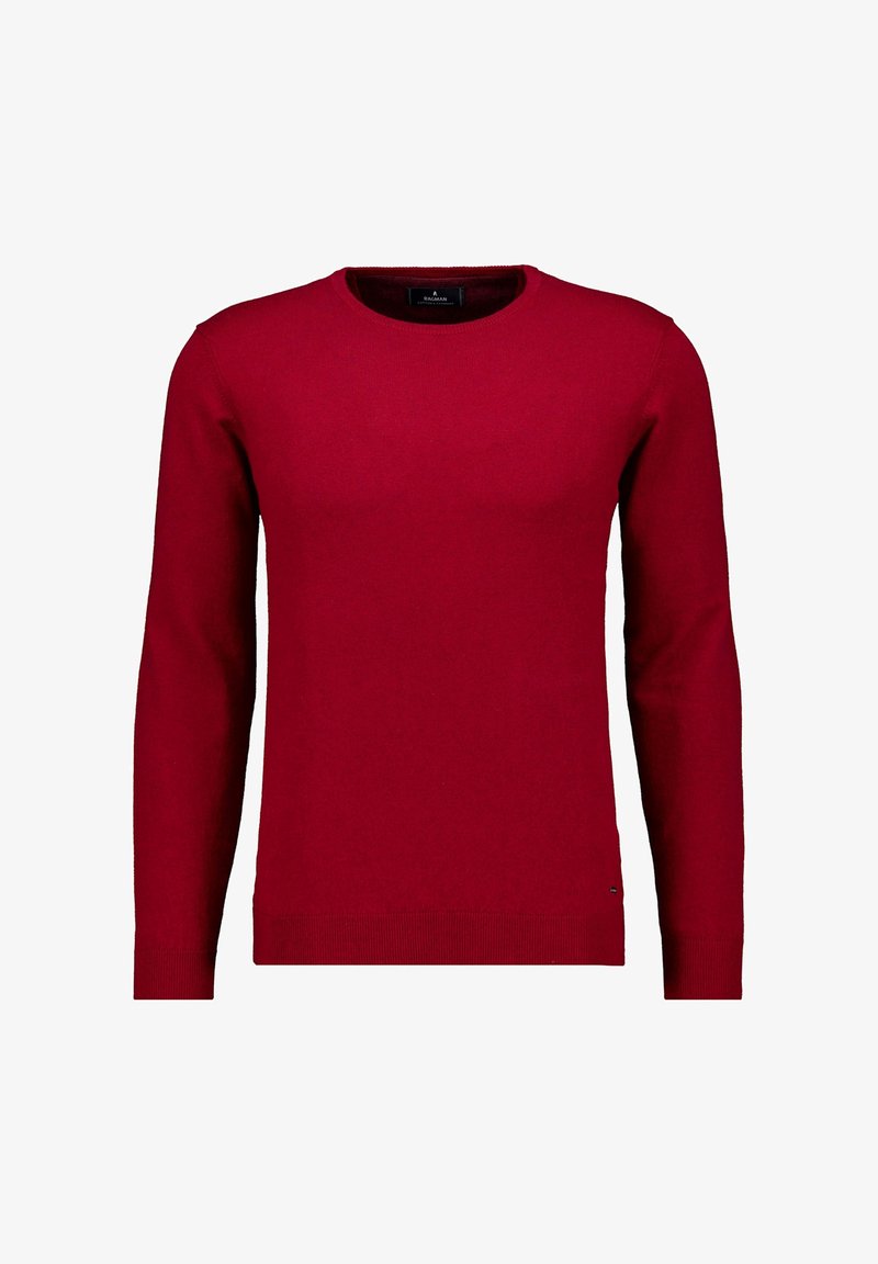 Red knit sweater with a crew neck, long sleeves, and ribbed cuffs. Made from a smooth texture, displaying a solid color without patterns.