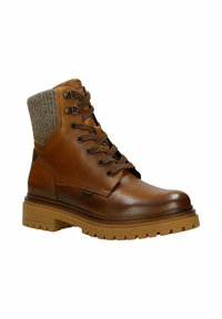 Brązowy skórzany botek za kostkę z teksturowanym szarym dzianinowym kołnierzem, zaokrąglonym noskiem, solidną podeszwą i brązowymi sznurowadłami. Posiada metalowe przelotki i przeszycia jako detale.