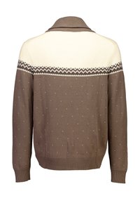 Bruin en crème gebreide trui met een omslagkraag, een geometrisch patroon over de borst en kleine polka dots op de onderrug.