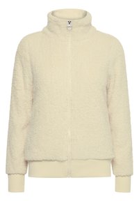 Chaqueta de forro polar color crema con cremallera frontal completa, cuello alto, mangas largas y puños y dobladillo acanalados.