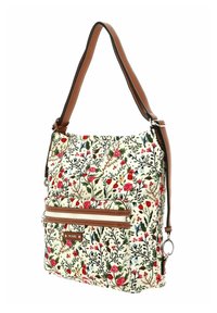 Sac à imprimé floral multicolore avec détails en similicuir marron, bandoulière réglable et poche avant zippée. Surface texturée.