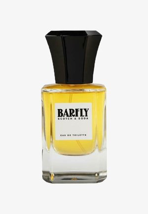 Clear glass bottle with a rectangular base and a hexagonal black cap. Contains yellow liquid labeled "BARFLY SCOTCH & SODA EAU DE TOILETTE."