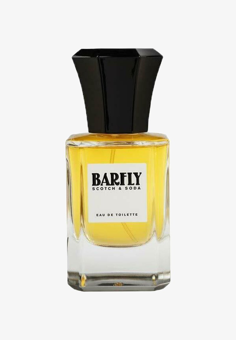Klare Glasflasche mit rechteckigem Boden und schwarzem, sechseckigem Deckel. Enthält gelbe Flüssigkeit mit dem Etikett "BARFLY SCOTCH & SODA EAU DE TOILETTE."