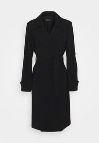Schwarzer Trenchcoat mit doppelreihigem Design, weitem Kragen, tailliertem Gürtel und langen Ärmeln. Hergestellt aus glattem, leichtem Stoff.