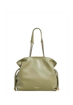 Kožená taška v olivově zelené barvě s řetízkem, dvojitými koženými uchy a bočními šňůrkovými detaily.