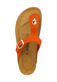Orange suede sandal with adjustable silver buckle, footbed in light brown, contoured shape, and small circular hardware detail.