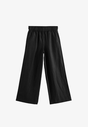 Pantaloni neri a gamba larga realizzati in tessuto leggero, dotati di una vita elasticizzata e una superficie liscia senza motivi visibili.