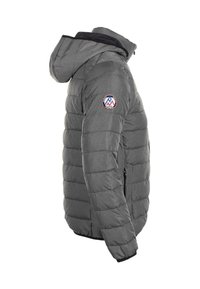 Giubbotto puffo grigio con cappuccio, design a righe orizzontali, polsini regolabili e una patch con logo sulla manica. Tasche laterali con zip.