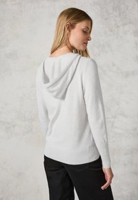 Hoodie gris clair en matériau doux avec une coupe décontractée, un ourlet et des poignets côtelés, doté d'une capuche avec cordon de serrage ajustable.