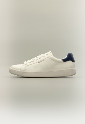 White low-top sneaker with white laces, navy blue heel tab, and "Björn Borg" logo on the side, shown from a left side view.