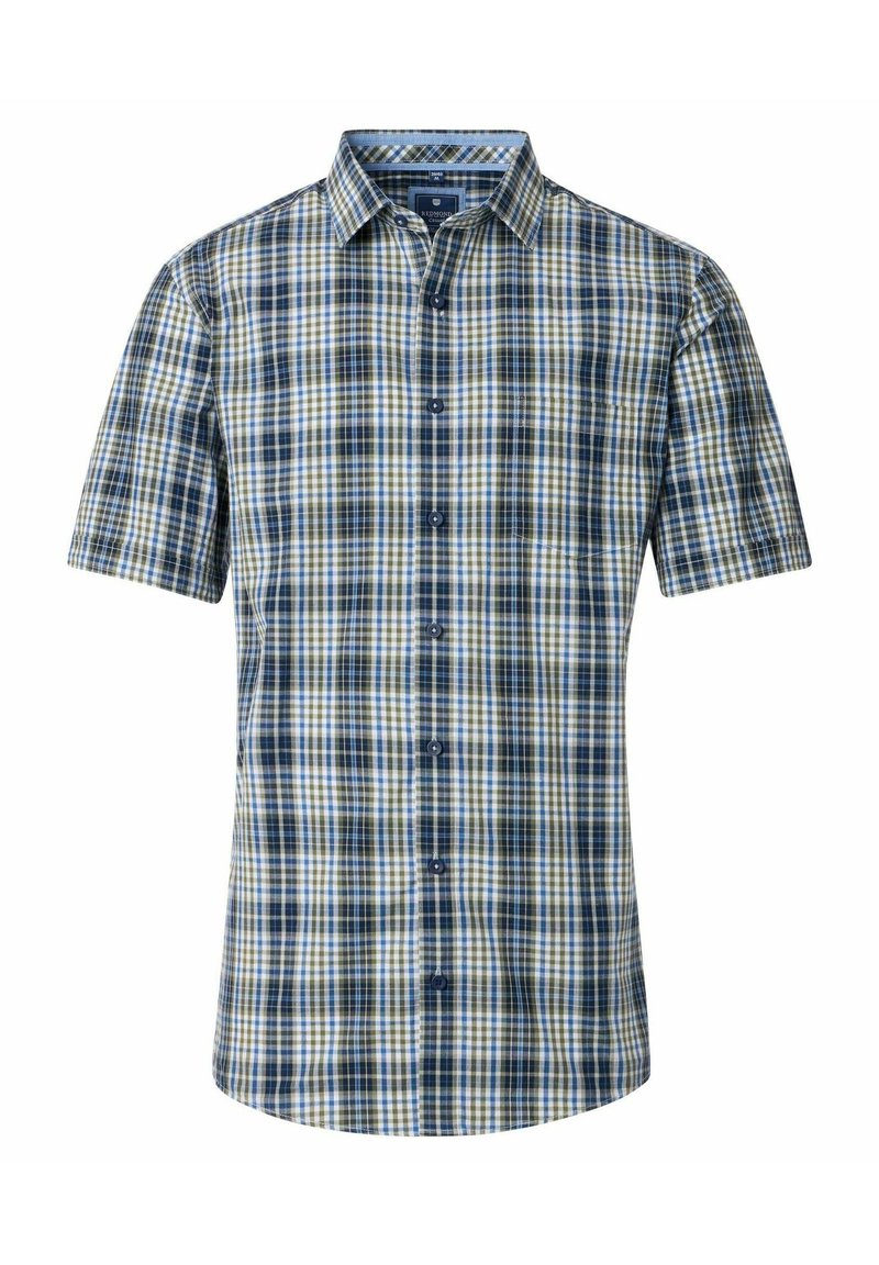 Kurzarm-Hemd mit Knöpfen in einem karierten Muster aus Blau, Grün und Gelb; leichter Stoff; klassischer Kragen; eine Brusttasche.