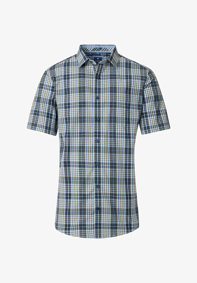 Kurzarm-Hemd mit Knöpfen in einem karierten Muster aus Blau, Grün und Gelb; leichter Stoff; klassischer Kragen; eine Brusttasche.