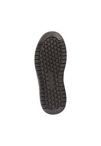 Soletta di scarpa in gomma nera con un motivo testurizzato, dotata di grip esagonali e bordi rialzati per una trazione migliorata. Visibile il marchio "Hey Dude".