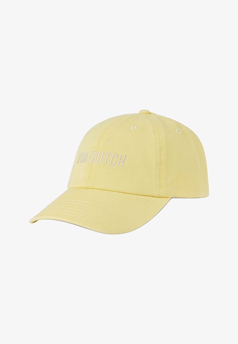 Casquette de baseball en coton jaune avec une visière courbée et un logo brodé "VON DUTCH" en blanc à l'avant. Six trous de ventilation sont présents.