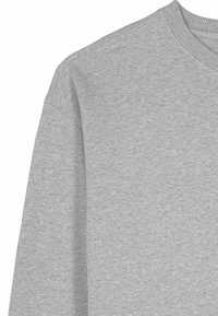 T-shirt gris clair à manches longues avec col rond côtelé et couture d'épaule visible sur fond blanc.