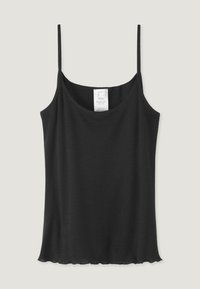 Black, sleeveless camisole with thin straps, made of ribbed material. Hem features a subtle wave pattern. Care label visible.