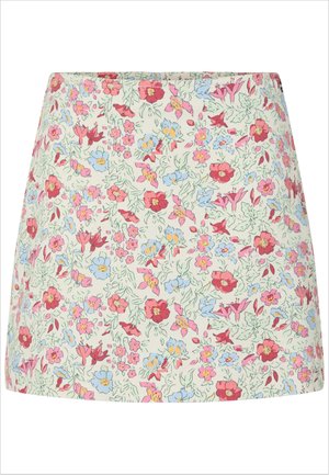 Mini-jupe vert clair à motif floral avec des fleurs roses, rouges, bleues et jaunes ainsi que des détails de feuilles vertes.