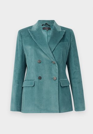 Teal kordfløjel dobbeltradet blazer med brede revers, sorte knapper, to klaplommer og en brystlomme.
