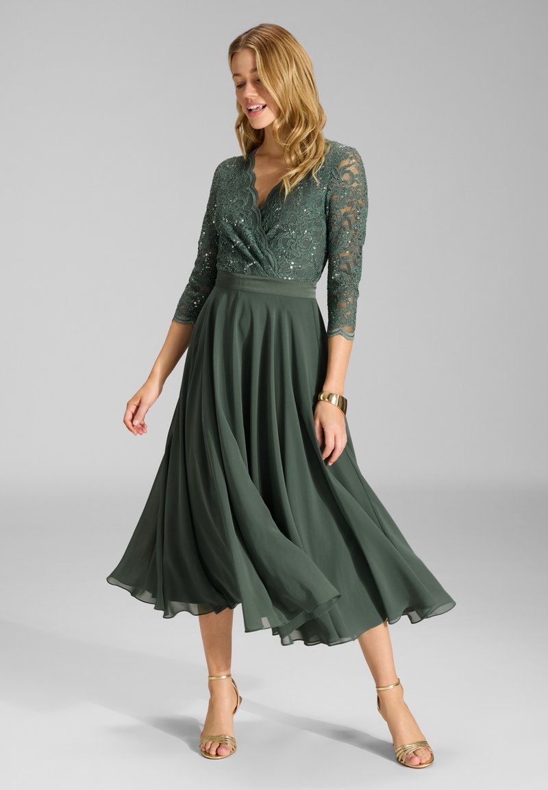 slim fit dress slacks MissJophiel Ruffle Sleeves V Neck Print Tulle Dark Green Midi Dress Other / Tea Length / US6
