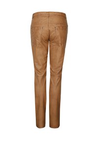 Helle Lederhosen mit schmalem Schnitt, elastischem Bund und aufgesetzten Taschen auf der Rückseite mit dezenten Steppnähten. Glatte Textur und figurbetonte Passform.