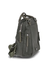 Zaino in nylon verde oliva con due tasche anteriori con zip, spallacci regolabili, due manici superiori e dettagli in metallo argentato.