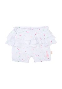 Pantaloni corti bianchi con pois rosa, verdi e gialli. Presentano dettagli arricciati in vita. Piccolo logo di una giraffa in rosa sul lato.