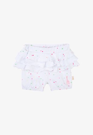 Pantaloni corti bianchi con pois rosa, verdi e gialli. Presentano dettagli arricciati in vita. Piccolo logo di una giraffa in rosa sul lato.