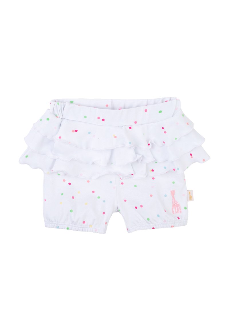 Pantaloni corti bianchi con pois rosa, verdi e gialli. Presentano dettagli arricciati in vita. Piccolo logo di una giraffa in rosa sul lato.