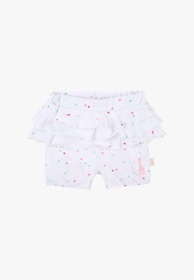 Pantaloni corti bianchi con pois rosa, verdi e gialli. Presentano dettagli arricciati in vita. Piccolo logo di una giraffa in rosa sul lato.