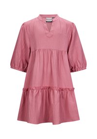 Helles rosa Kleid mit kurzen Puffärmeln, einem tiefen Ausschnitt und einem gestuften Rüschen-SAUM. Hergestellt aus strukturiertem Stoff mit einem subtilen Glanz.