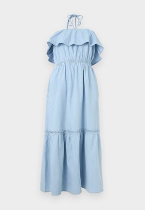 Rochie maxi bleu deschis fără mâneci, cu decolteu cu volane, talie elastică, fustă în trepte și închidere cu legătură la gât tip halter.