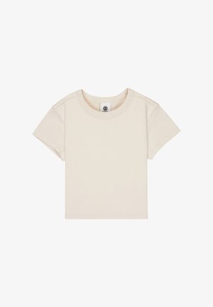 Beige bomull T-shirt med rund hals och korta ärmar. Har en rak passform och minimala sömdetaljer.