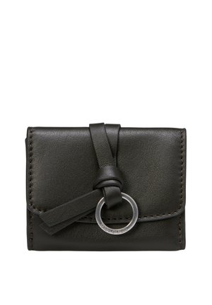 Black leather wallet with stitched edges, closed with a wrap strap threaded through a silver metal ring on a white background.