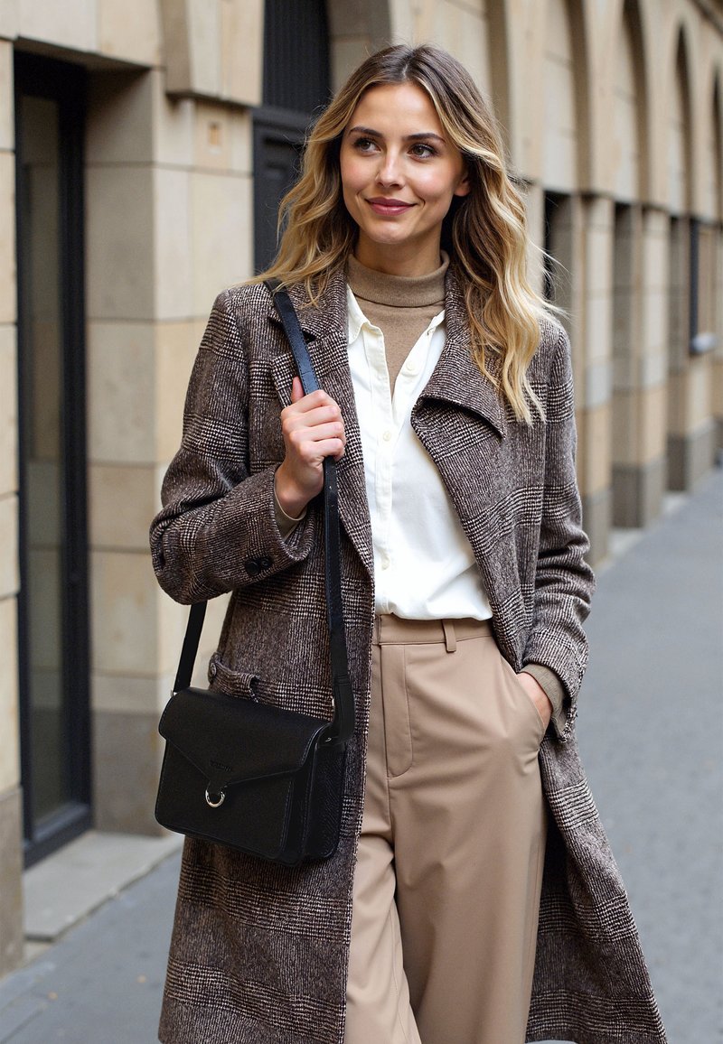 Cappotto a scacchi marrone, dolcevita crema, camicia bianca con bottoni, pantaloni beige. Borsa a tracolla nera con pattina e dettaglio anello in argento.