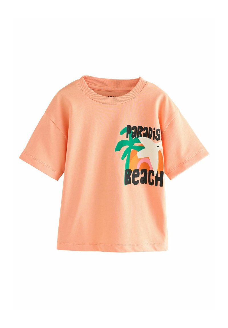 Elfenbensfarvet bomulds T-shirt med korte ærmer, rund hals og et grafisk print med teksten "Paradise Beach" og et palmetræ.