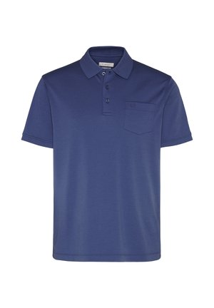 Herren Poloshirt in Marineblau mit kurzen Ärmeln, drei Knöpfen und kleinem Brusttasche auf weißem Hintergrund.