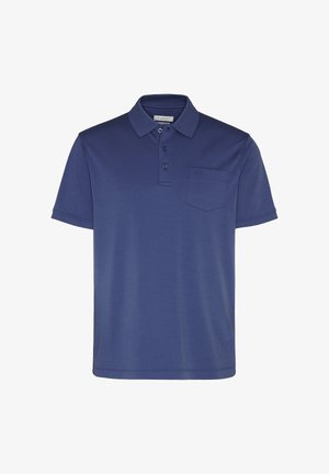 Herren Poloshirt in Marineblau mit kurzen Ärmeln, drei Knöpfen und kleinem Brusttasche auf weißem Hintergrund.