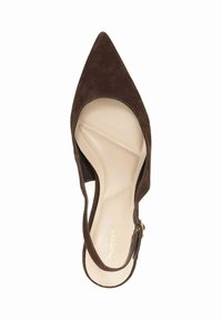 Brown suede slingback pump with pointed toe, beige insole, and gold-tone hardware. Features a curvy cut-out side and textured surface.
