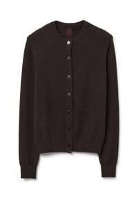 Cardigan marrone scuro in morbido materiale, con scollo rotondo, chiusura a bottoni e polsini e orlo a costine.