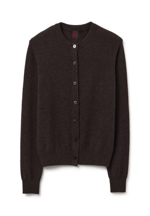 Cardigan marrone scuro in morbido materiale, con scollo rotondo, chiusura a bottoni e polsini e orlo a costine.