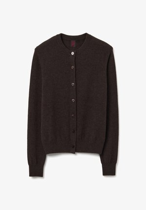 Cardigan marron foncé en matériau doux, avec un col rond, une fermeture à boutons et des poignets et un ourlet côtelés.