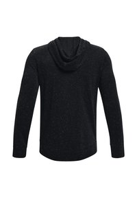 Czarny sweatshirt z kapturem o przecieranym wzorze, z długimi rękawami i zaokrąglonym dołem. Widok z tyłu podkreśla kaptur i bezszwowy design.