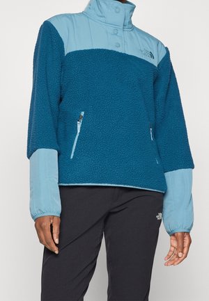 Kobieta nosząca dwukolorowy niebieski polar z kieszeniami na suwak i czarne spodnie, obie rzeczy marki The North Face.