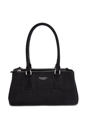Zwarte rechthoekige handtas met dubbele handgrepen, ritssluiting bovenaan en het logo "DIANA&CO FIRENZE" in het midden aan de voorkant.