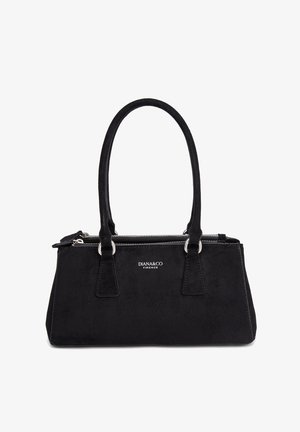 Zwarte rechthoekige handtas met dubbele handgrepen, ritssluiting bovenaan en het logo "DIANA&CO FIRENZE" in het midden aan de voorkant.