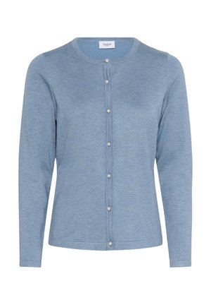 Svetlo modra kardigan z mehkega pletenega materiala. Ima okroglo ovratnico, dolge rokave in sprednje zapiranje s počasnimi gumbki, podobnimi biserom.