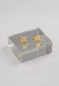 Orecchini a stud in oro con un design geometrico a croce, esposti in una scatola acrilica trasparente con una superficie liscia.