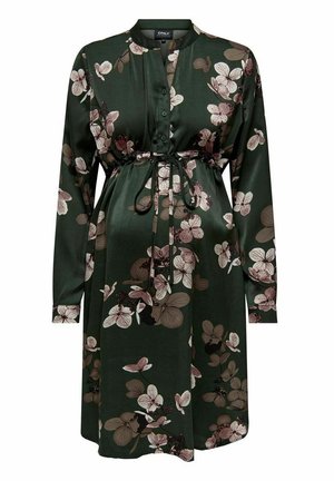 Dunkelgrünes langärmeliges Kleid mit pinkem und beigem Blumenmuster, Knopfleiste vorne und Taillengürtel.